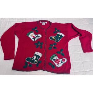 Victoria Jones Ugly Christmas Sweater Cardigan‎ Stocking Holiday Knit Medium